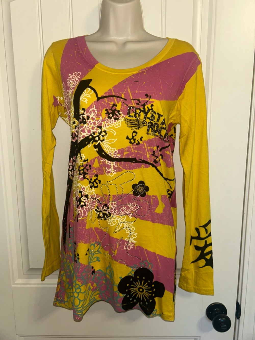 NWT Christian Audigier Crystal Rock Tokyo Sun Graphic Long Sleeve T-Shirt Sz M